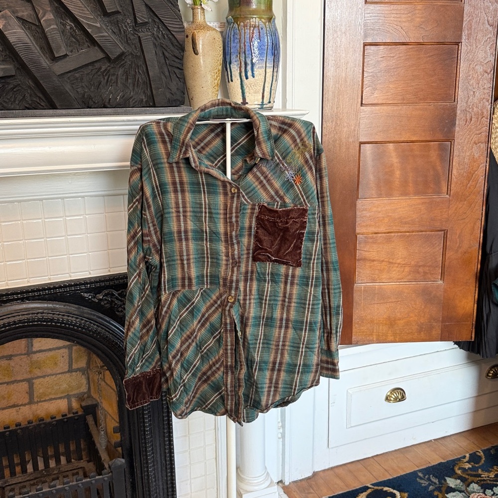 Bdg Plaid Patchwork Oversized Button Up Cotton Sh… - image 1